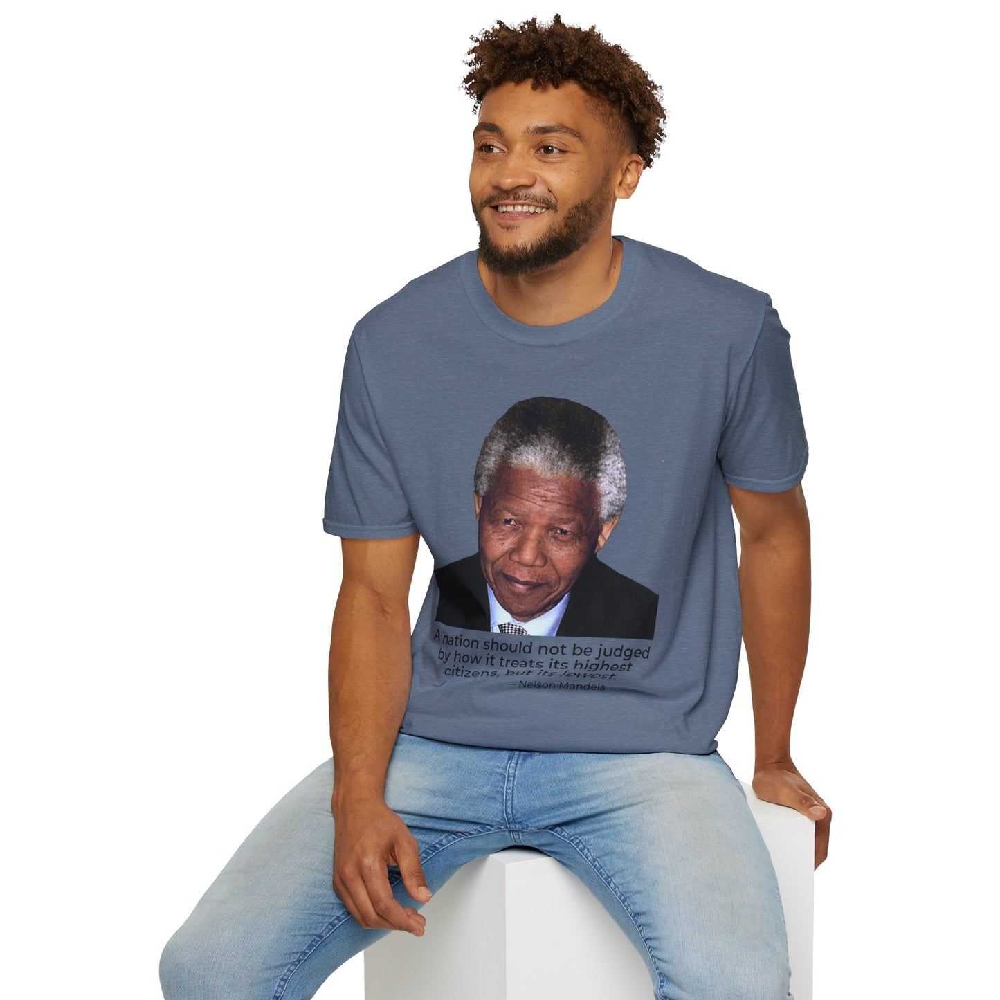 Nelson Mandela Justice Quote T-Shirt – A Nation Is Judged by Its Lowest (Heather Indigo)