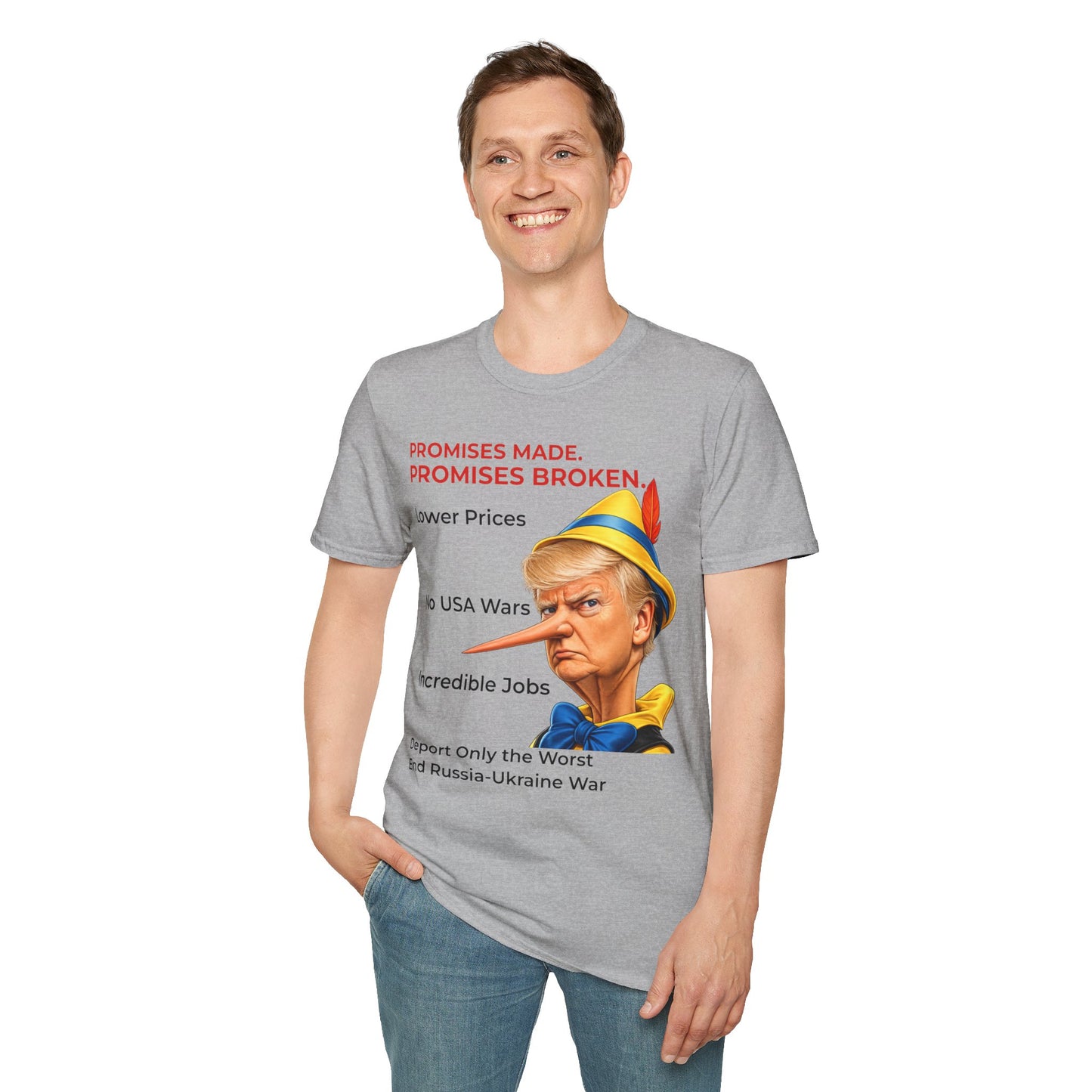 Trump Pinocchio Shirt – Promises Made Promises Broken Political Tee – Sport Grey