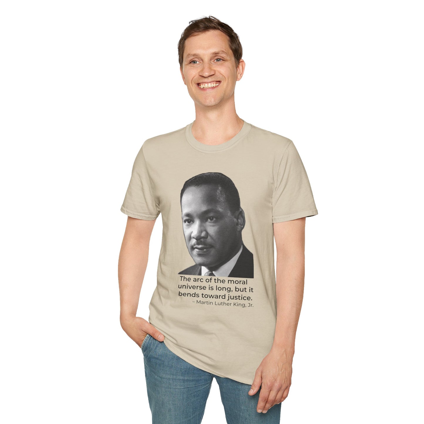 Martin Luther King Jr. Moral Arc Quote Tee – Justice Portrait Shirt (Sand)