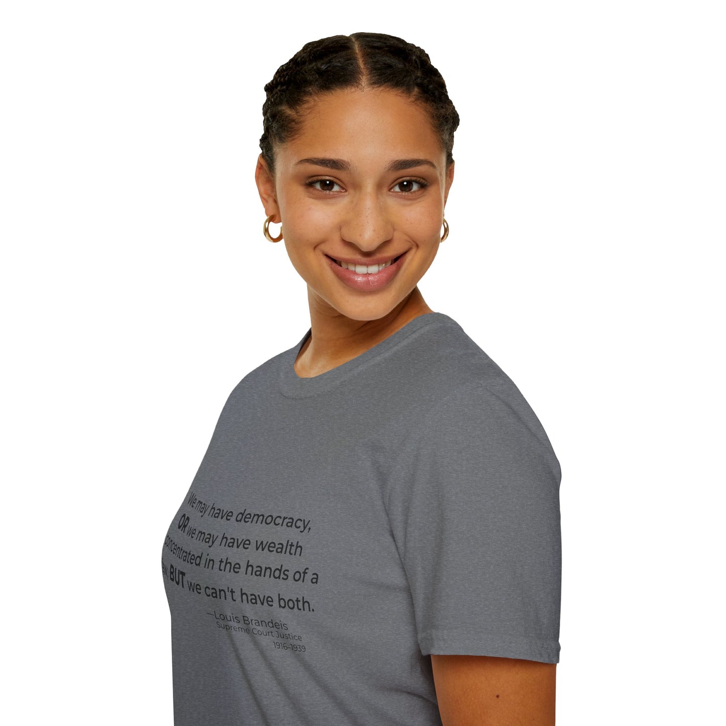 Democracy vs Concentrated Wealth Tee – Louis Brandeis Quote – Graphite Heather