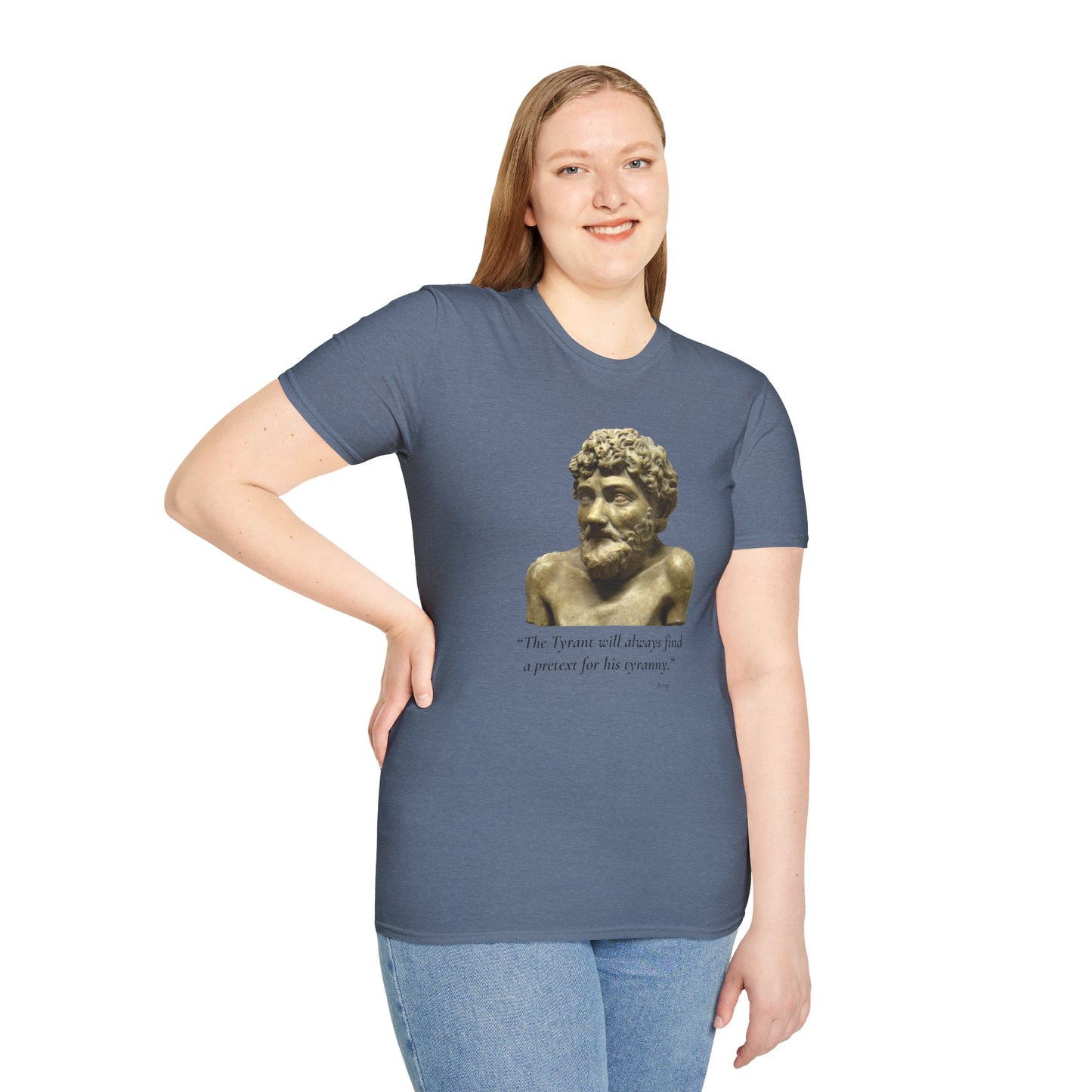 Two-Sided Tyranny Quote T-Shirt – Aesop Front / Crisis Pretexts Back – Heather Indigo