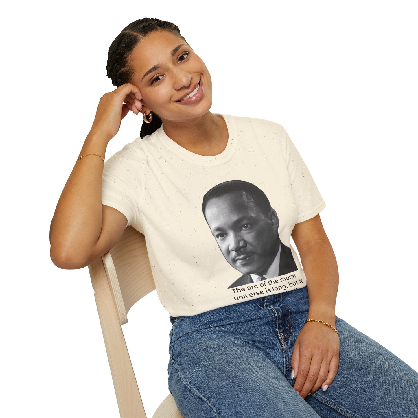 Martin Luther King Jr. Moral Arc Quote Tee – Justice Portrait Shirt (Natural)