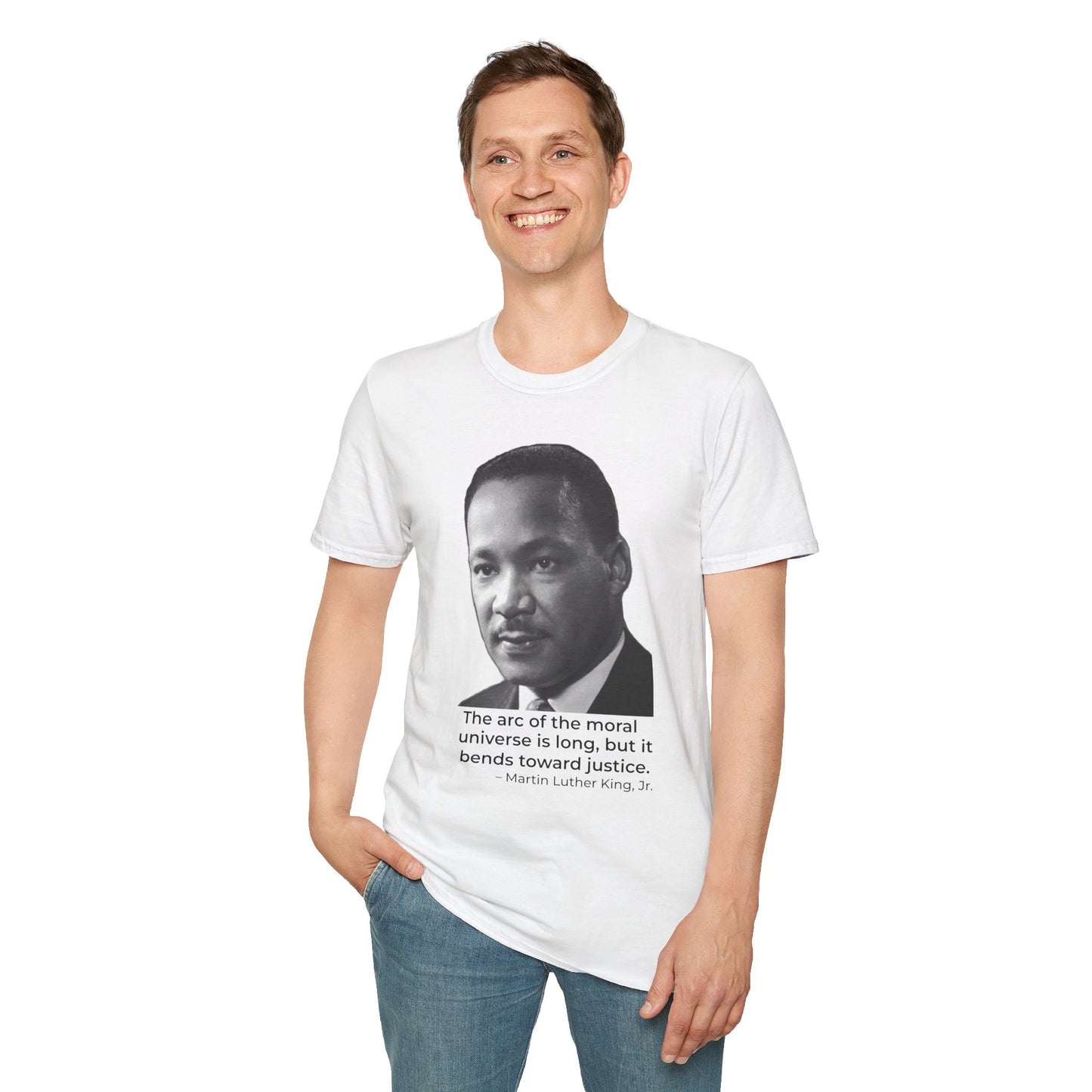 Martin Luther King Jr. Moral Arc Quote Tee – Justice Portrait Shirt