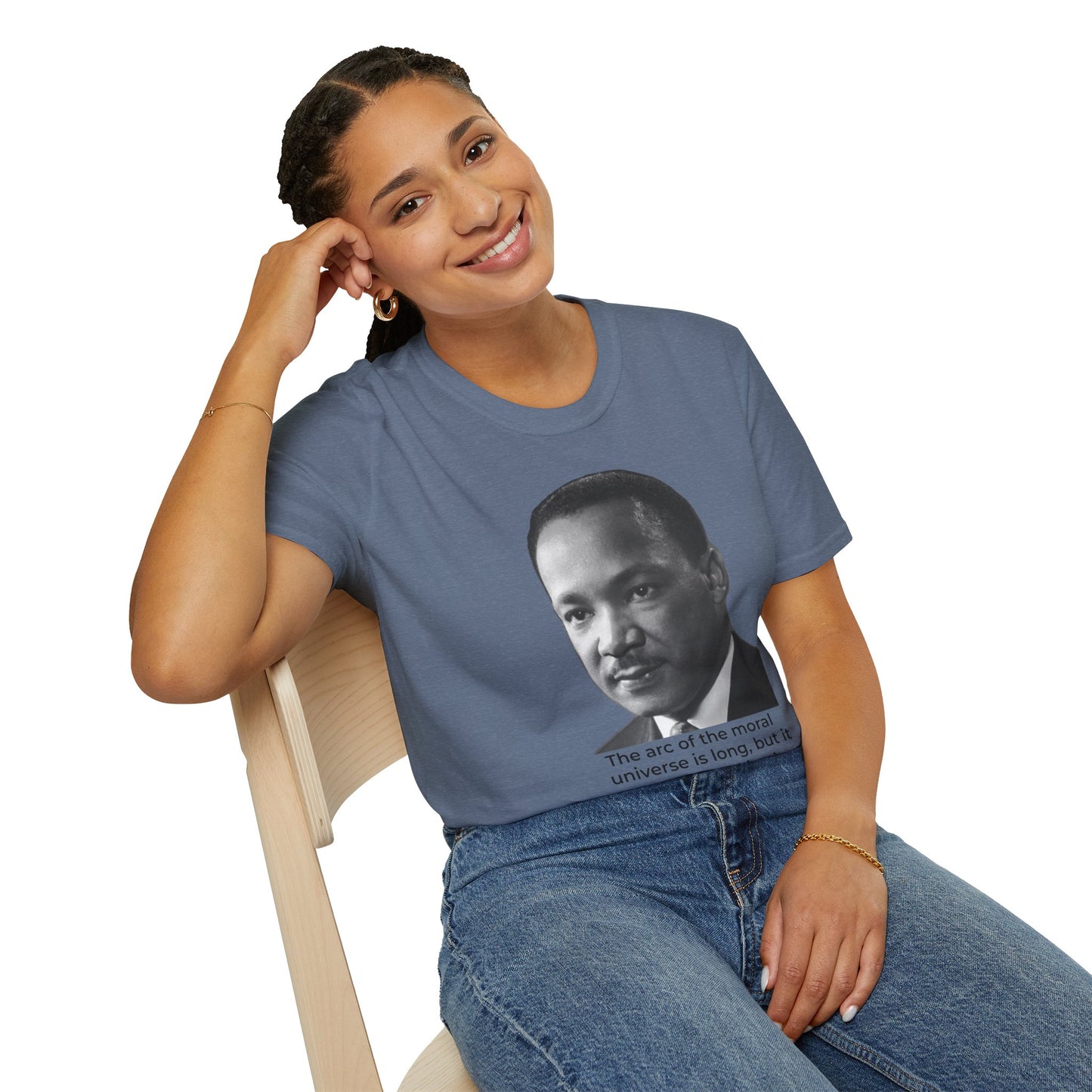 Martin Luther King Jr. Moral Arc Quote Tee – Justice Portrait Shirt (Heather Indigo)