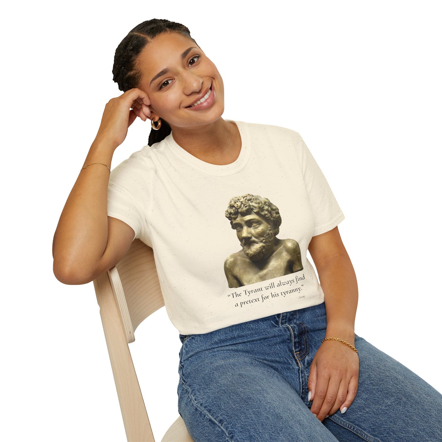 Two-Sided Tyranny Quote T-Shirt – Aesop Front / Crisis Pretexts Back – Natural
